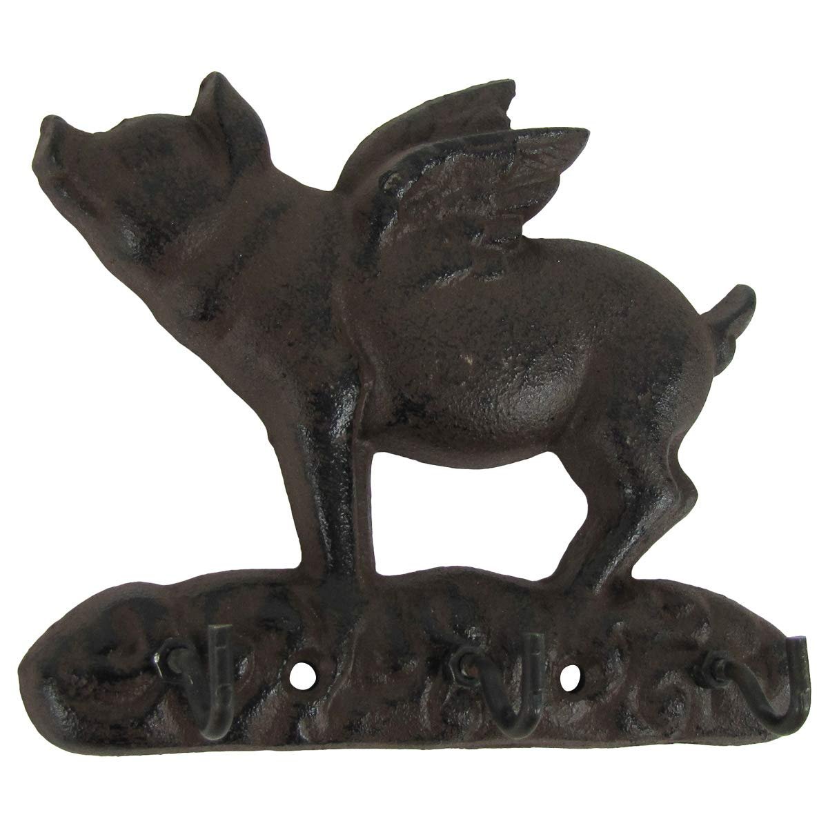 Metal Wall Mount Flying Pig w/ Wings 3 Hooks Key Ring Holder Coat Rack Hat Hook