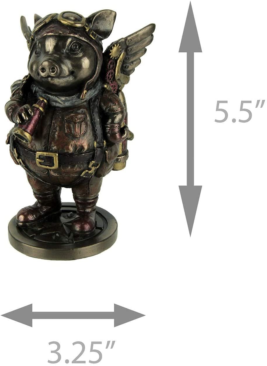 Veronese Design 5 1/4" Steampunk Aviator Flying Pig Resin Figurine Bronze Finish