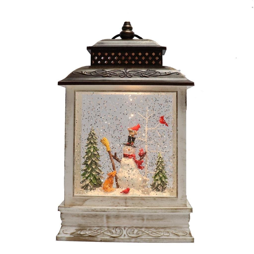Roman, 10.5" H Lighted Swirls Snowman and Cardinal Confetti Lites Lantern, LED Christmas Tabletop Decoration, Includes USB Cord or Battery Operated.
