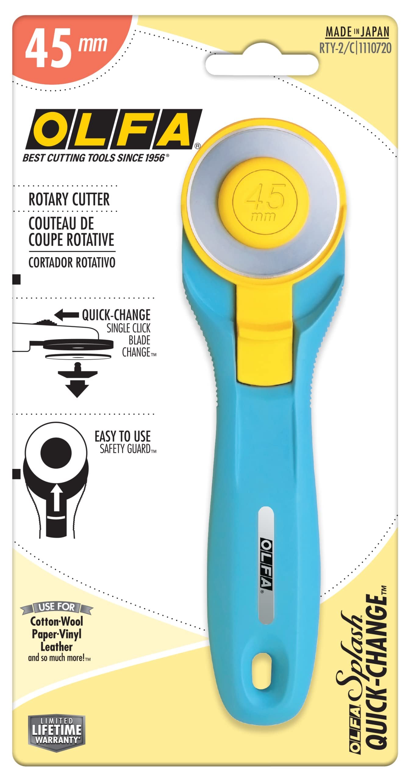 OLFA 45mm Quick-Change Rotary Cutter (RTY-2/C) - Rotary Fabric Cutter w/Blade Cover for Crafts, Sewing, Quilting, Replacement Blade: OLFA RB45-1 (Aqua)