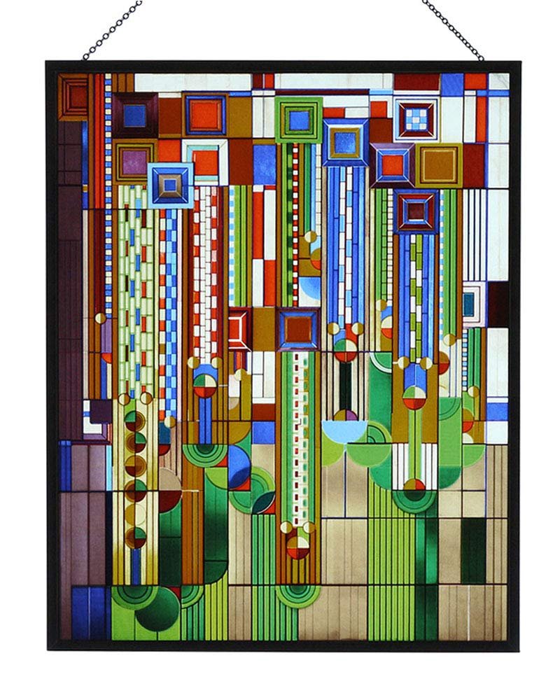 Ebros Gift Frank Lloyd Wright Saguaro Stained Glass Metal Framed 13.88" x 11" Living Room, Bedroom, Office