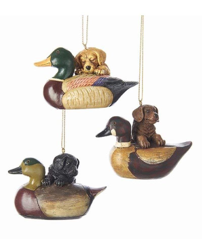 Kurt Adler Puppy W/Duck Decoy Ornament - 3 Assorted: Brown, TAN and Black