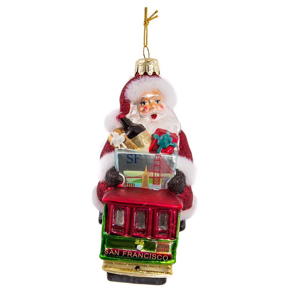 Kurt Adler Santa Sitting on San Francisco Trolley Glass Ornament, 5-Inch