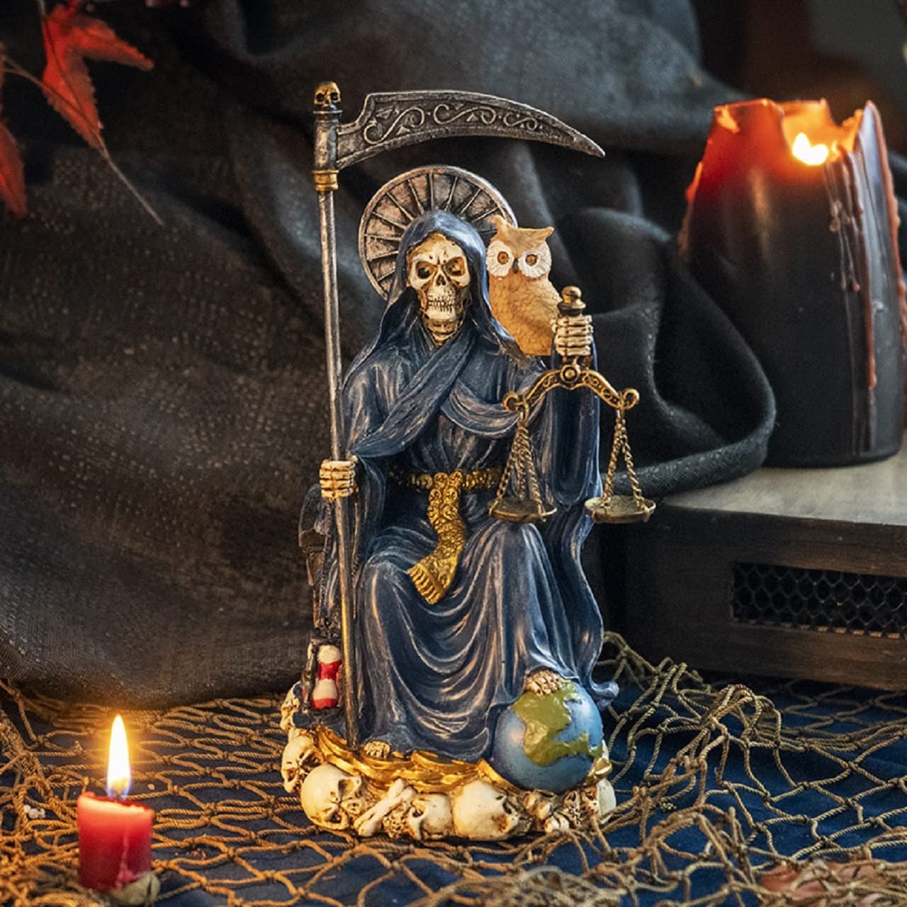 Pacific Giftware Pacific Trading Sitting Santa Muerte Blue Gown with Owl Figurine Death 9 Inch