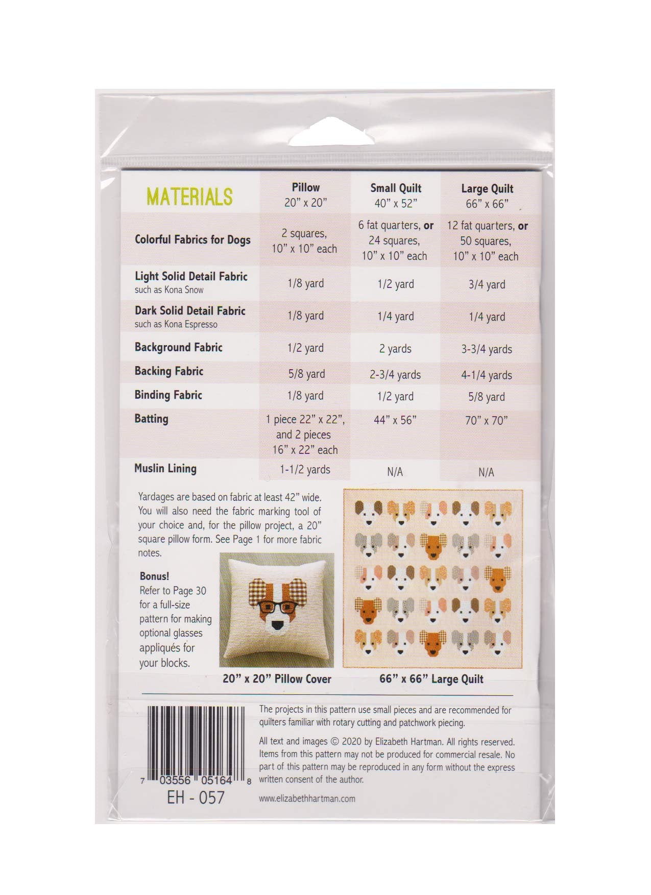 Elizabeth Hartman Quilt Pattern - The Puppies (Includes Directions for Three Pattern Sizes)