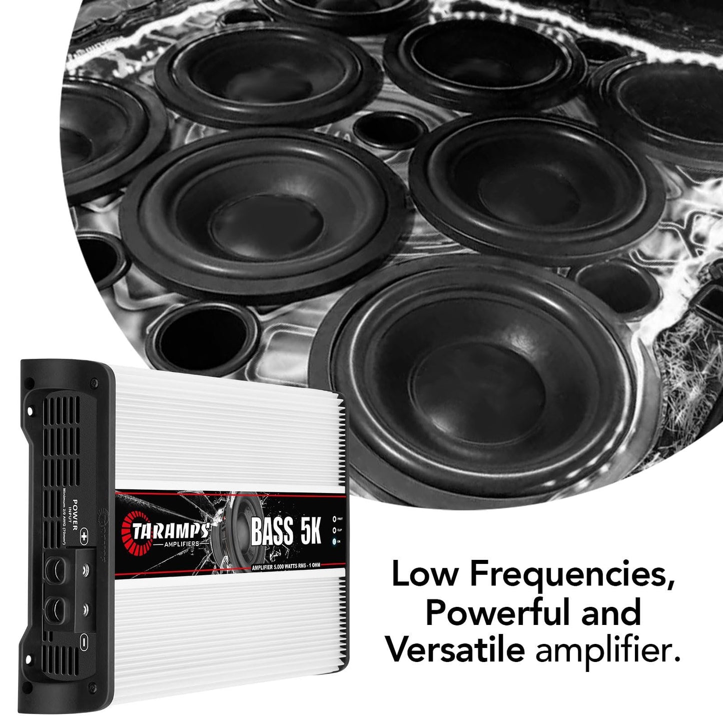Taramps BASS 5K 1 Ohm 1 Channel 5000 Watts RMS MAX, Full Range Car Audio, Monoblock, LED Monitor Indicator, Class D Amplifier, Crossover, White 5k amp, Sound Quality