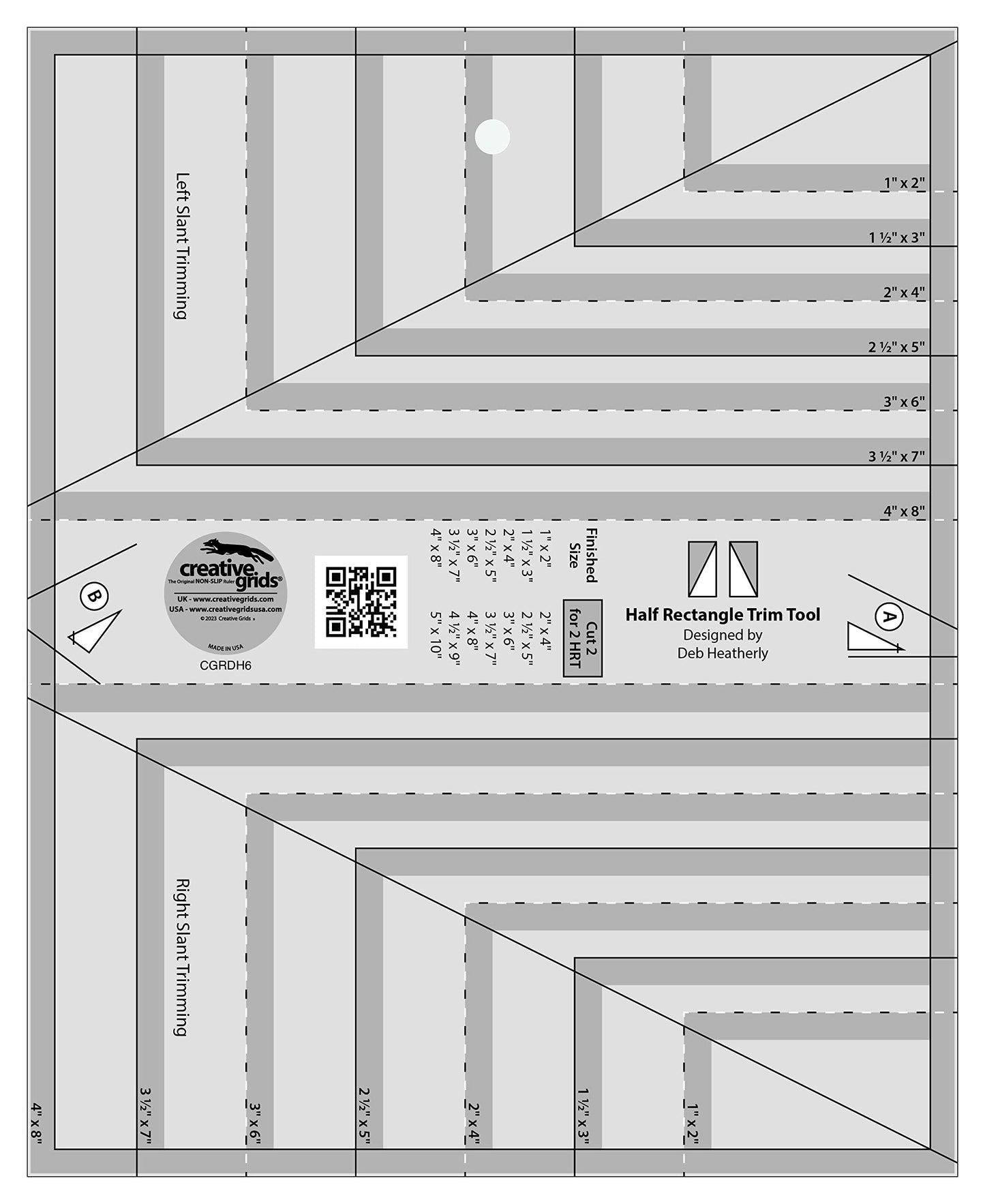 Creative Grids Half Rectangle Trim Tool Quilt Ruler – CGRDH6 – Made in USA, 8-1/2in x 10-1/2in, Non-Slip Grip Acrylic Quilting, Sewing, Crafting, Patchwork Ruler & Template