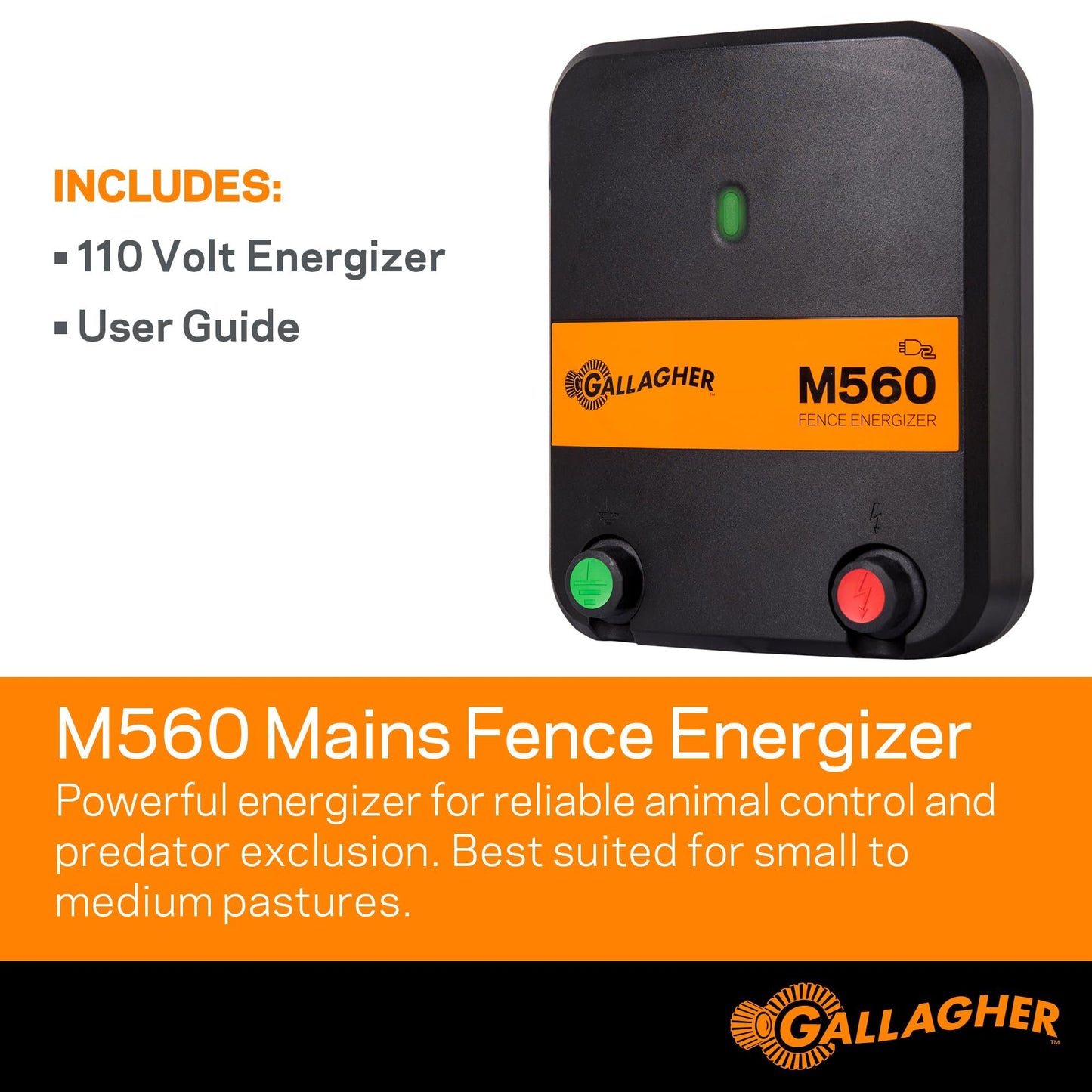 Gallagher M560 Electric Fence Charger - Powers Up to 75 Miles / 400 Acres of Clean Fence - 5.6 Joules, 110 Volt Energizer, Added Power Reserve - Unbeatable Reliability, Easy Installation
