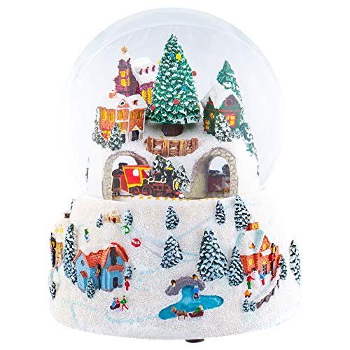 Musical Village Rotating Train White 6 inch Resin Holiday Wind Up Snow Dome