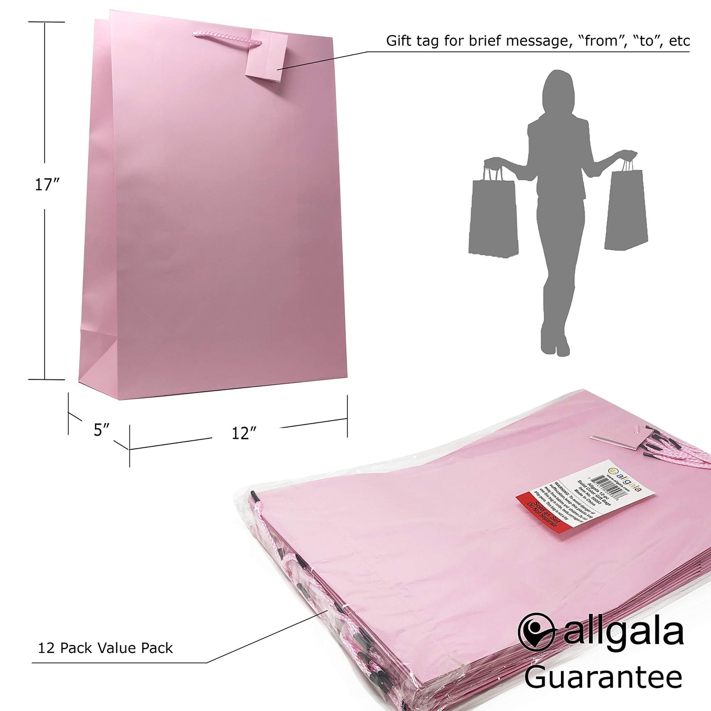 allgala 12PK Value Premium Solid Color Paper Gift Bags