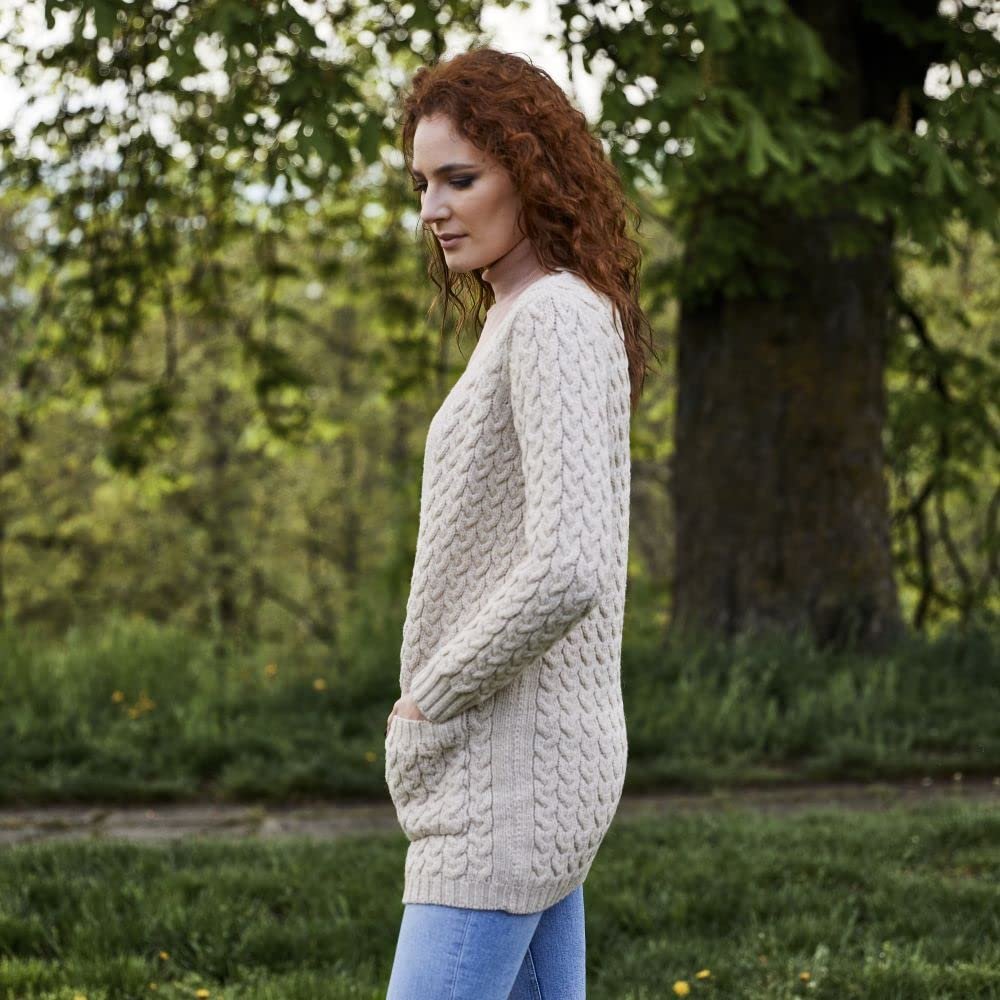 SAOL Aran Coat for Women - Irish Open Front Fisherman Cardigan with Pockets - Merino Wool Made in Ireland