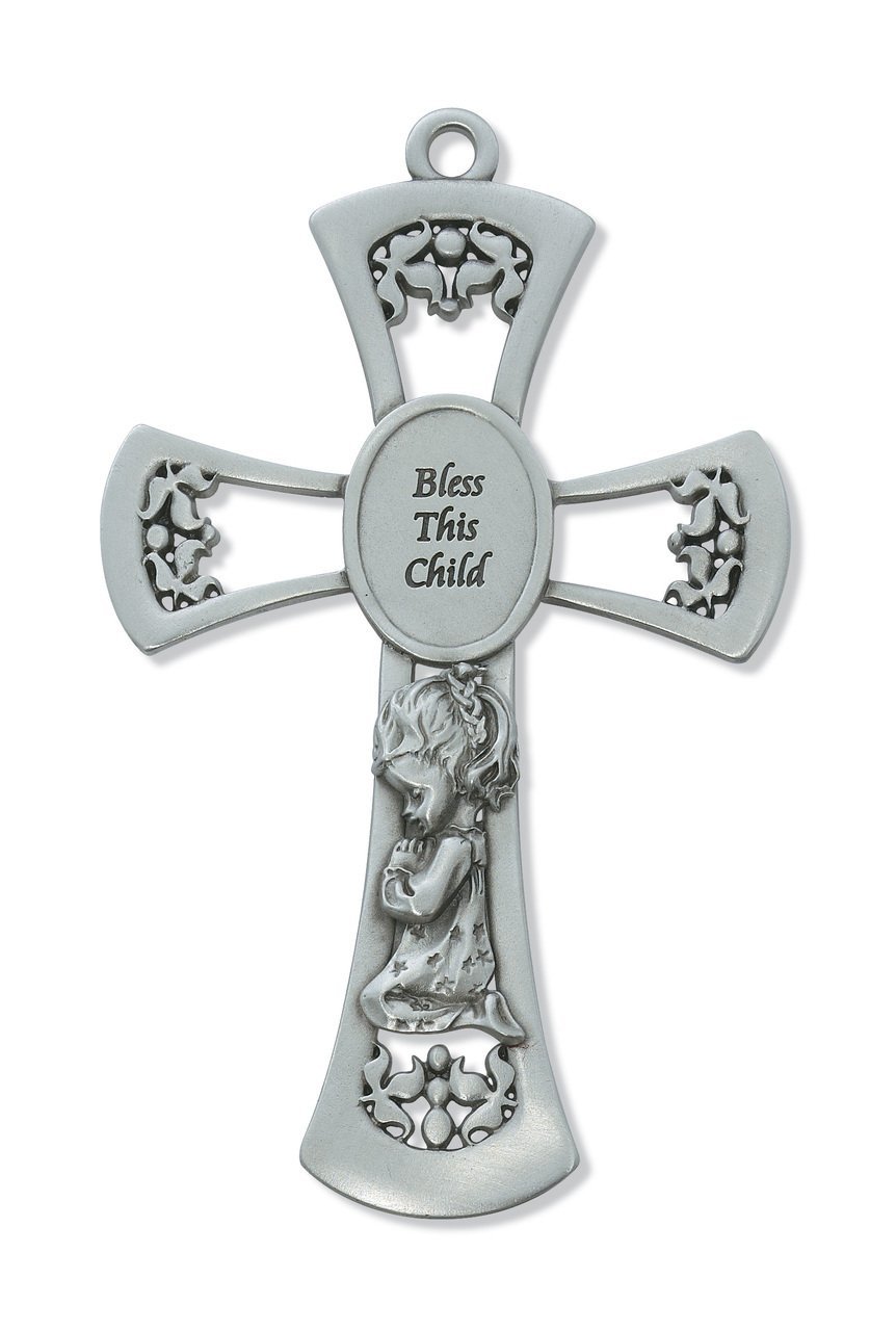 6" Pewter Bless This Child Girl Wall Cross. Perfect for First Communion, Christening Baptism Shower