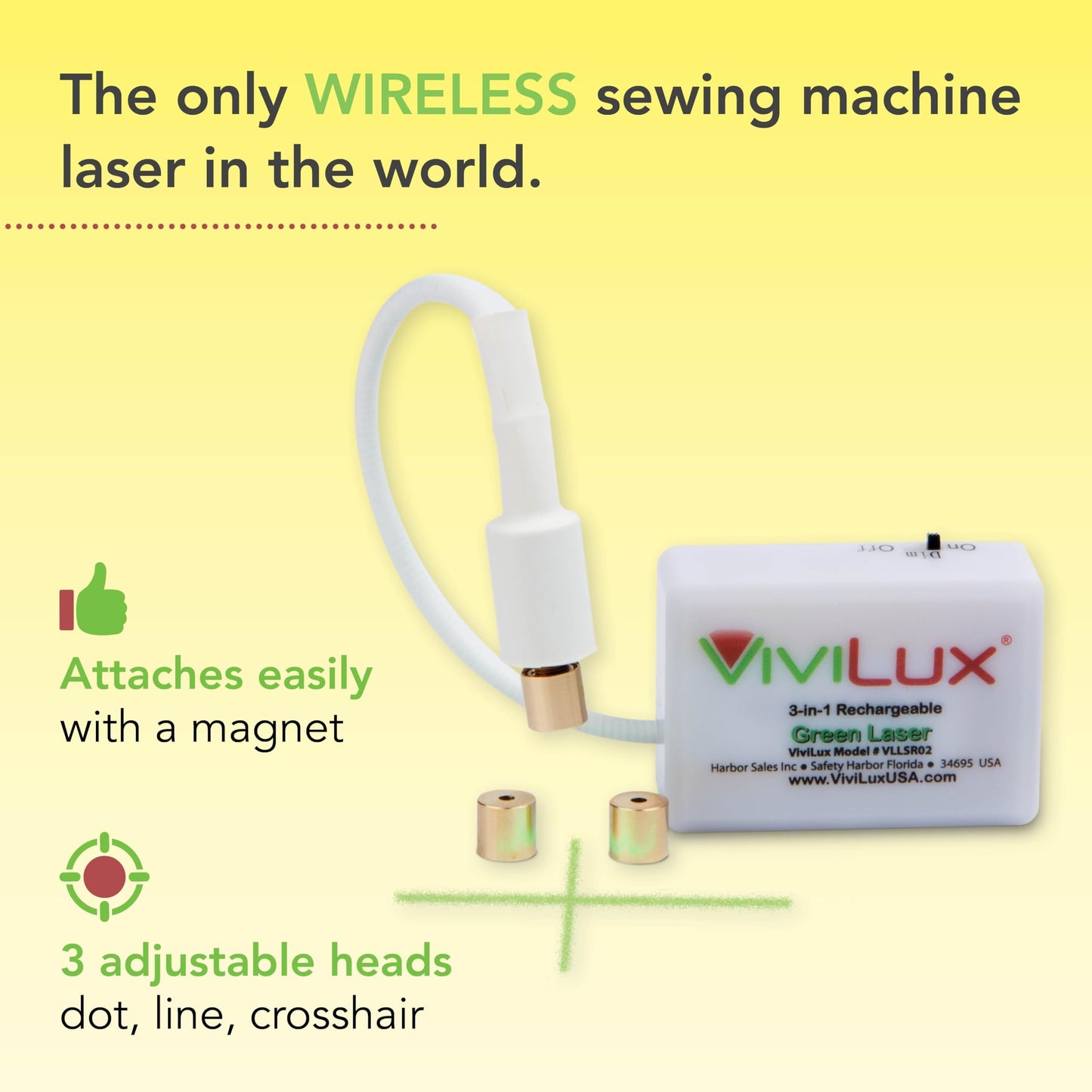 ViviLux 3-in-1 Rechargeable Green Laser System for Sewing & Quilting – Adjustable Line, Crosshair, and Dot Laser Heads, Secure Magnetic Mount