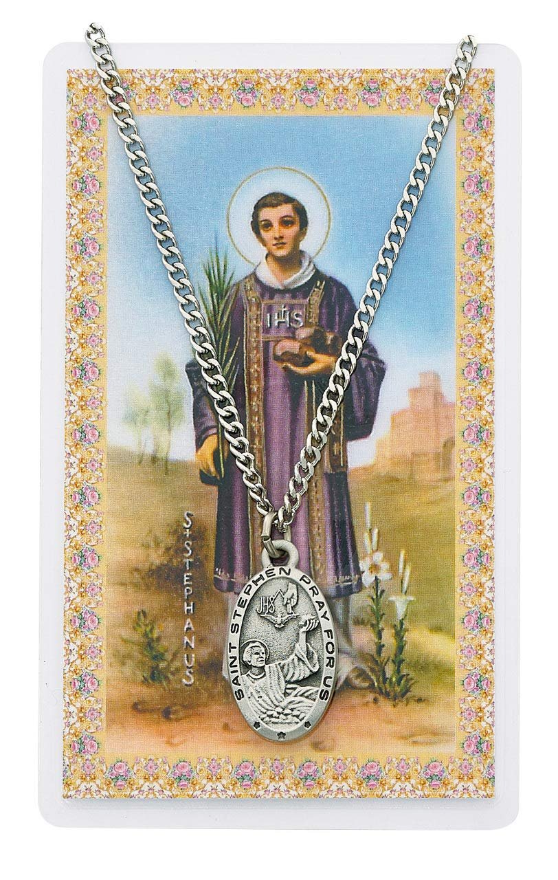 Pewter St. Pewter Stephen Medal & 24" Chain, Prayer Card Set,