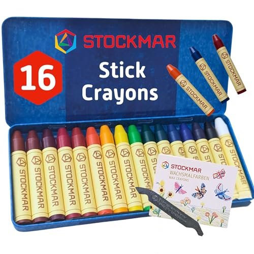 Stockmar 32000 Pure Beeswax Wax Crayons 16 Bright Colours with Scraper, Packed in Handy Tin Case, Ideal for Painting for Kids