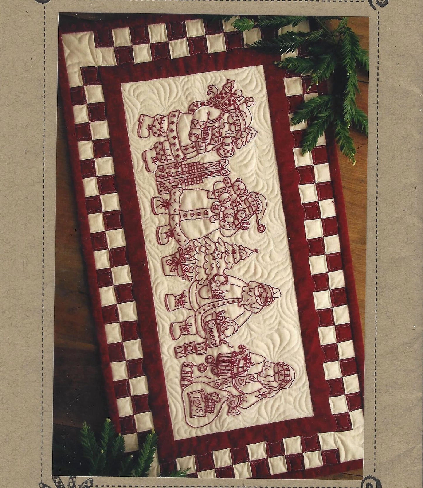 Santa Quartet Table Runner: Quilt and Hand Embroidery Pattern # 633 by Bird Brain Designs