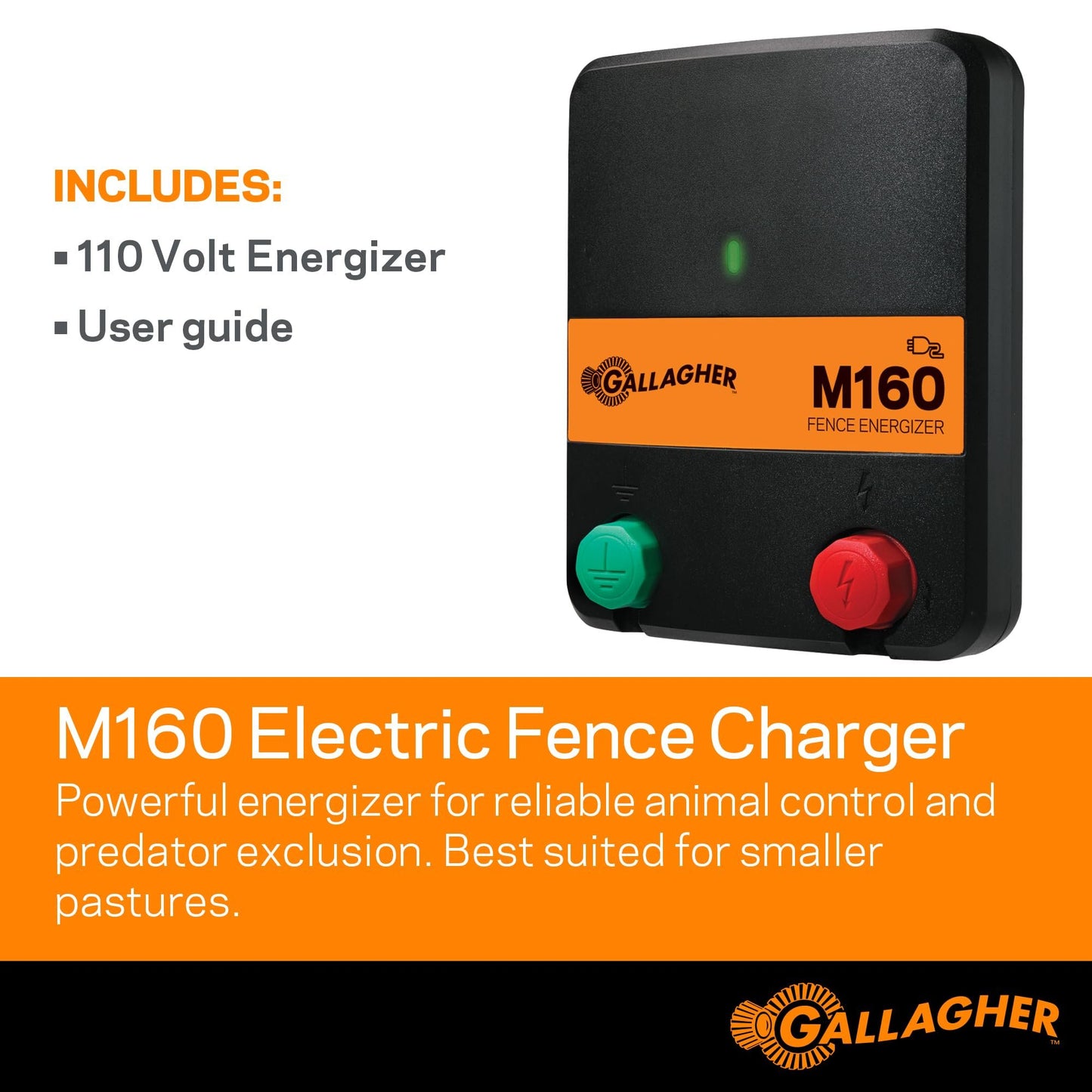 Gallagher M160 Electric Fence Charger | Powers Up to 30 Miles / 100 Acres of Clean Fence | 1.6 Joules, 110 Volt Energizer | Unbeatable Reliability | Tough Outer Casing Mounting