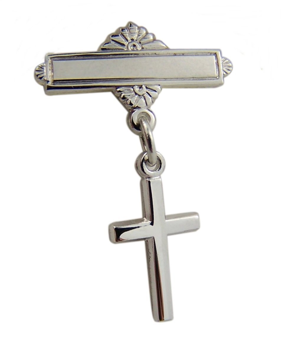 Religious Baby Jewelry Gifts Rhodium Plated Baby Bar Pin with Sterling Silver Cross Charm, 11/16 Inch