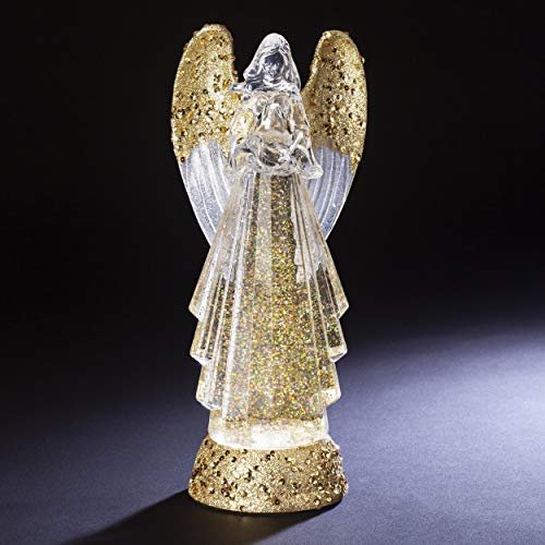 Roman 12.75-Inch Lighted Swirl Angel with Gold Wings Confetti Lites – USB-Powered Tabletop Christmas Decoration – Sparkling Holiday Accent with LED Lights