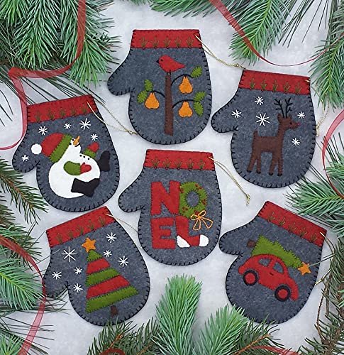Charcoal Mittens | Felt Applique Christmas Ornament Kit | 6 DIY Christmas Ornament Mittens | 4" x 4.5"