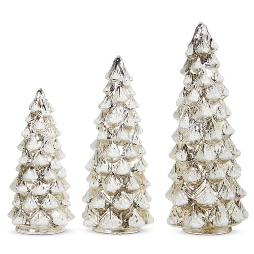 RAZ Imports Snowy Silver Mercury Glass Lighted Trees, 12-inch Height, Glass, Set of 3, Christmas, Home Décor