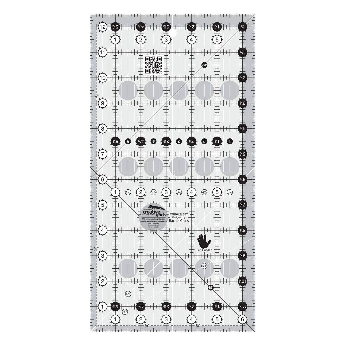 Creative Grids Quilt Ruler 6-1/2in x 12-1/2in Rectangle – CGR612LEFT – Made in USA, Non-Slip Grip Acrylic Quilting, Sewing, Crafting, Patchwork Ruler for Measuring & Cutting Fabric