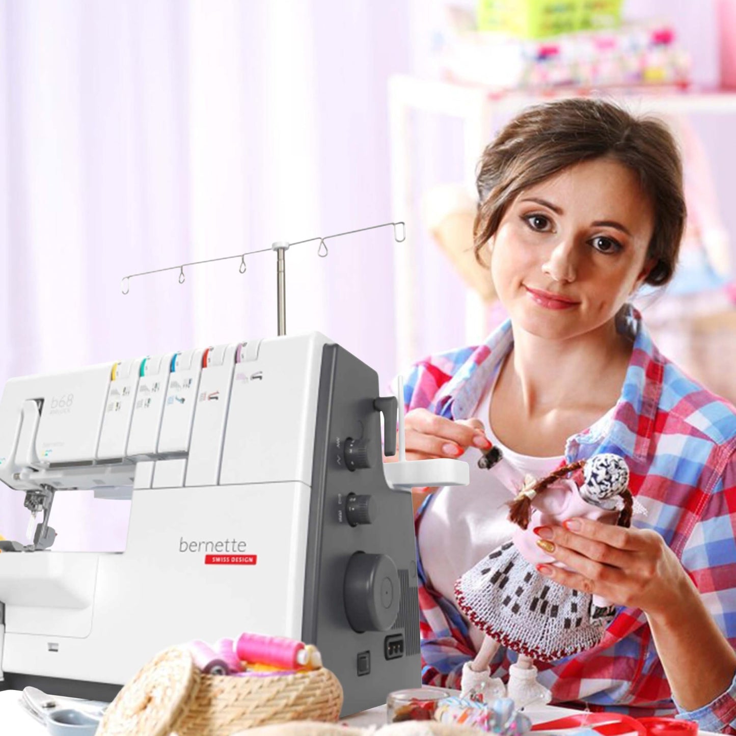 Bernette B68 Airlock Serger Sewing Machine | Adjustable Stitch Length, 1300SPM, LED Light, 5 Thread Options, Presser Foot Adjustment | Free 6 Pcs Overlock Foot Kit & 7 Pcs Coverstitch Foot Kit