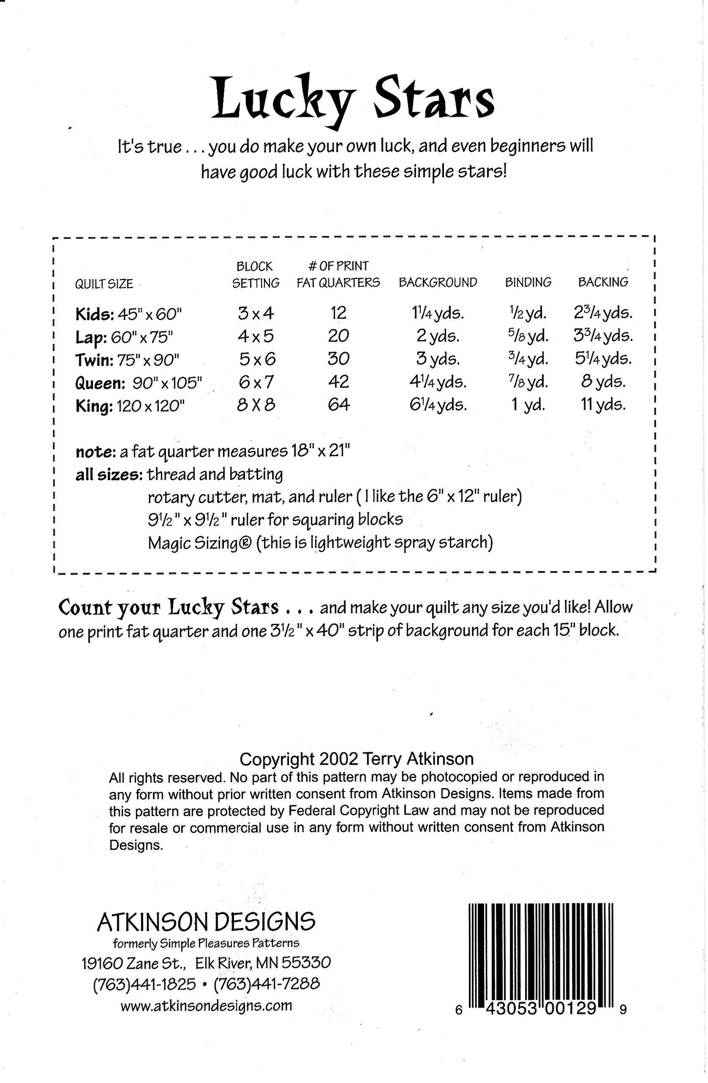 Atkinson Designs Pattern ATK-129 ~ Lucky Stars Fat Quarter Quilt