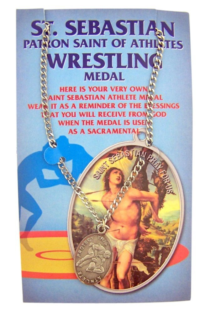 WJH Silver Tone Patron of Sports Saint Sebastian Wrestling Athlete Medal necklaces, 1 Inch