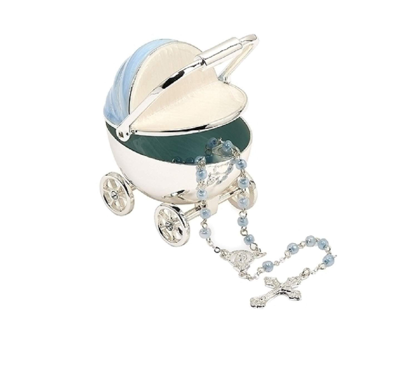 Roman Baptism Blue Baby Carriage Keepsake Box with Rosary, Baby Boy Baptism Gift, Baptized in God, Christening Keepsake