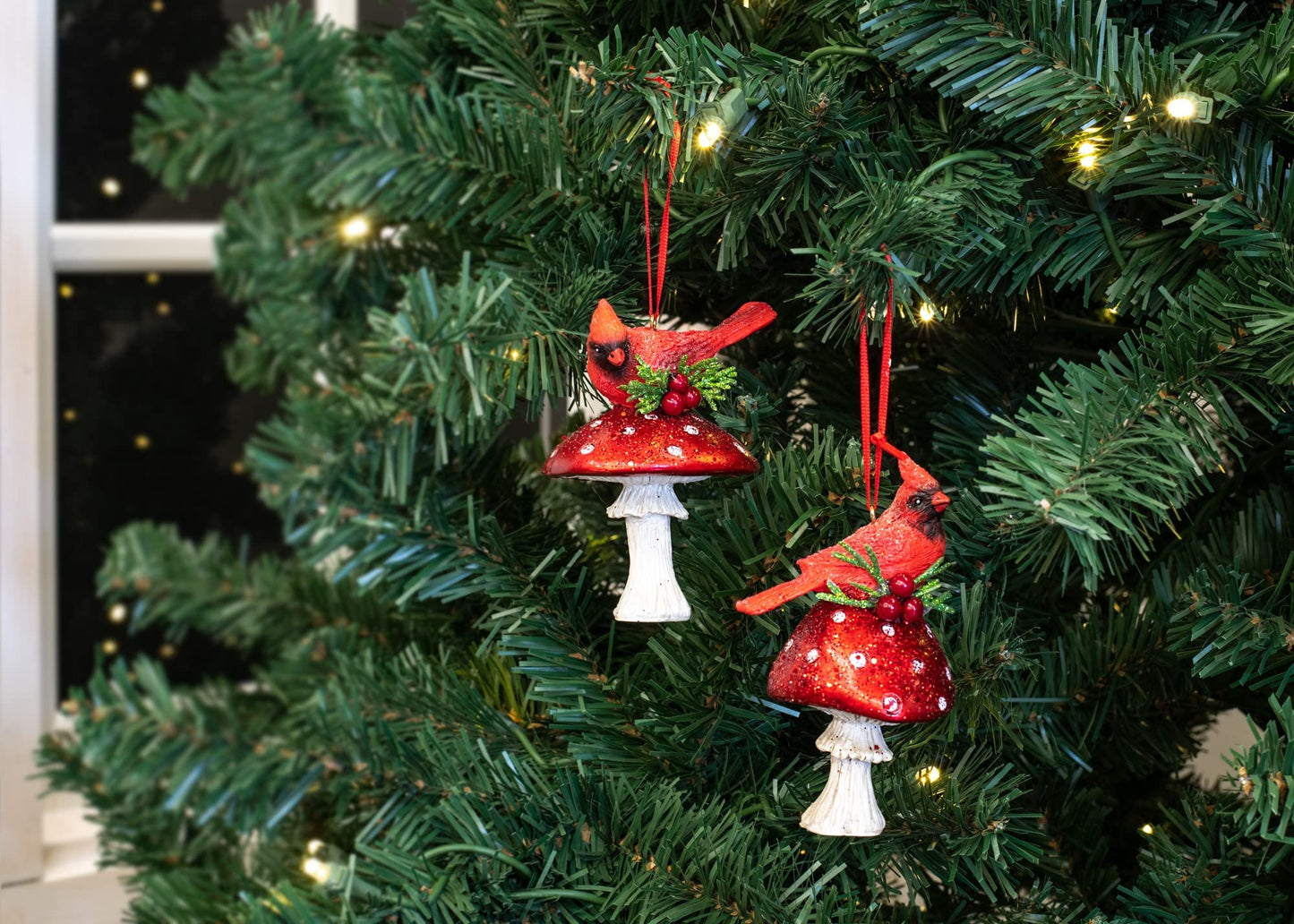 Kurt Adler Holiday Cardinal on Forest Mushroom Ornament, Set of 2