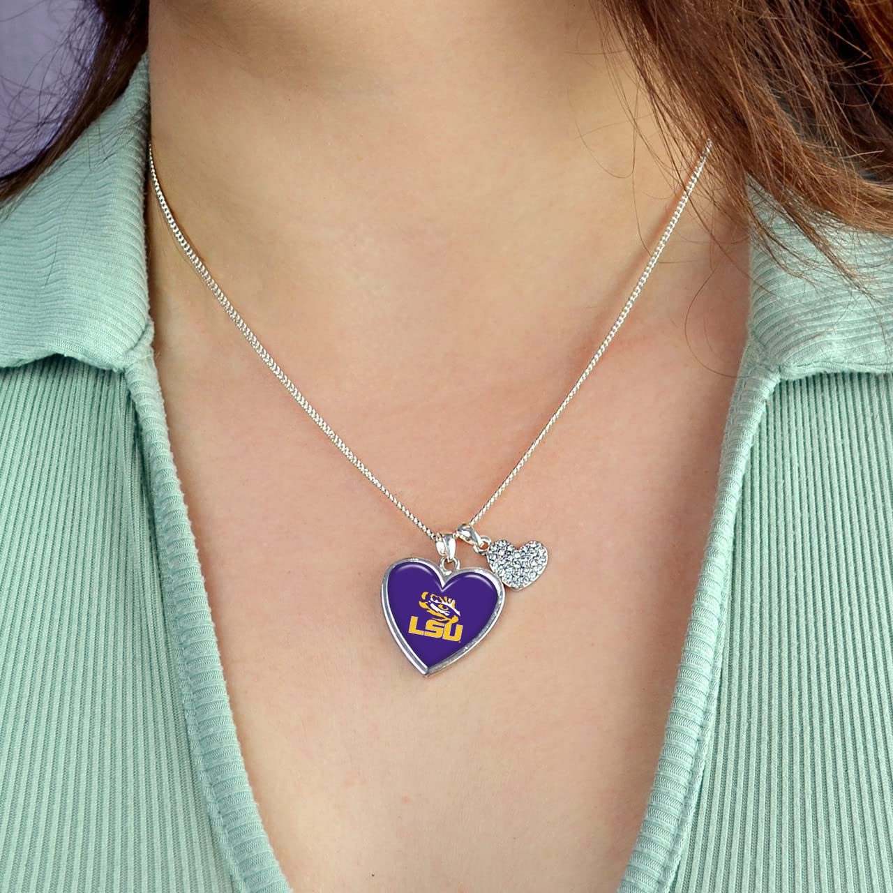 From the Heart Enterprises LSU Tigers Amara Crystal Heart Silver Chain Necklace Jewelry Gift, Purple