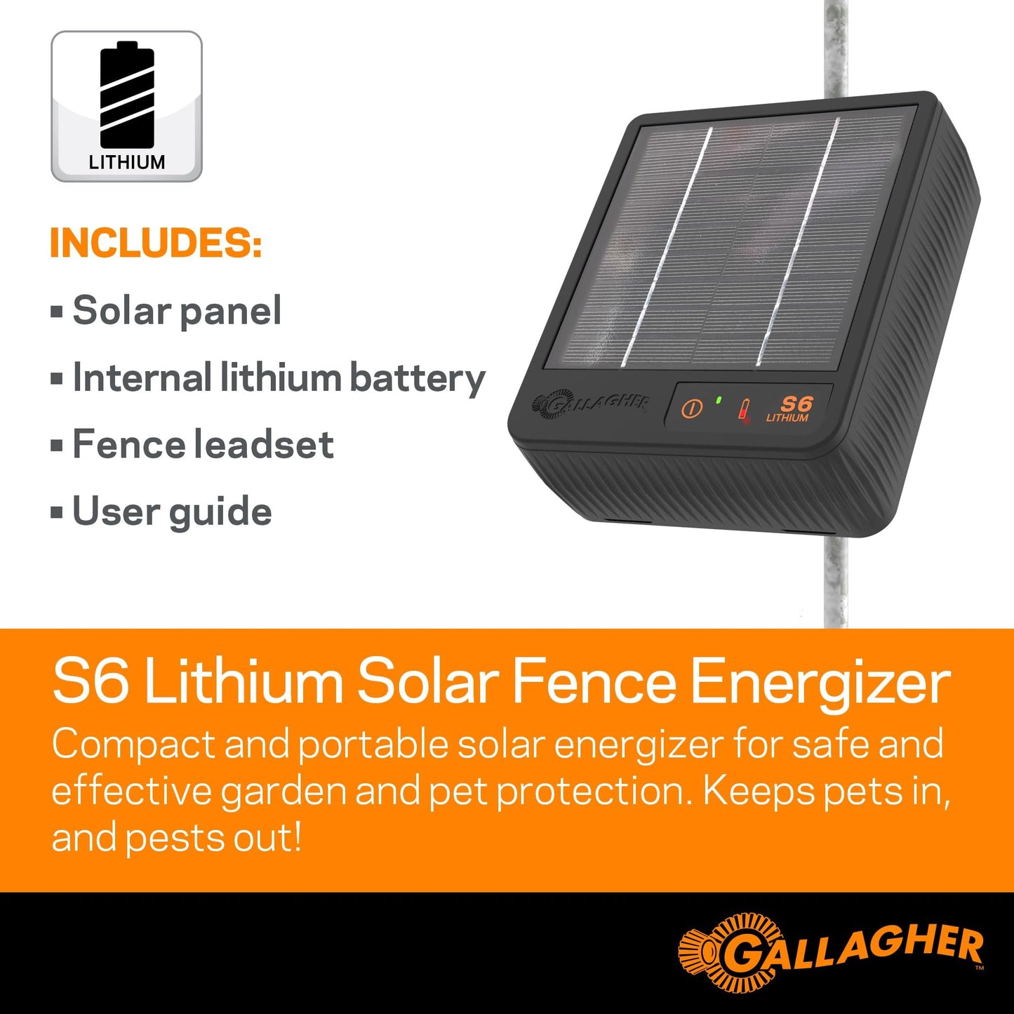 Gallagher S6 Solar Fence Charger | Compact Electric Fence Energizer for Pets, Gardens, and Small Livestock | Solar-Powered with Lithium Battery | Mounts Directly to Metal Rod | Off-Grid Ready