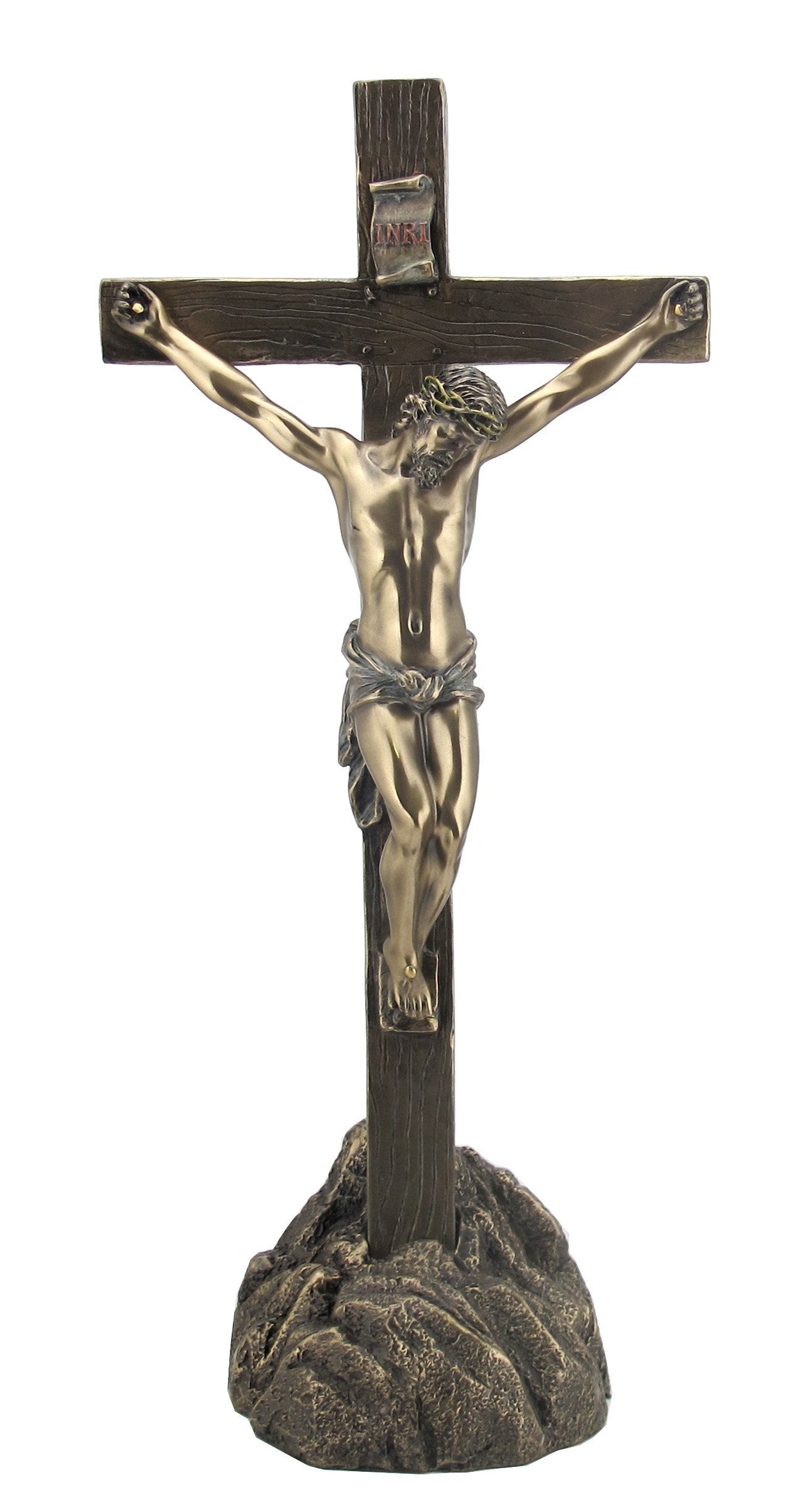 13.25 Inch Cold Cast Bronze Color Crucifix and Stand Figurine Statue
