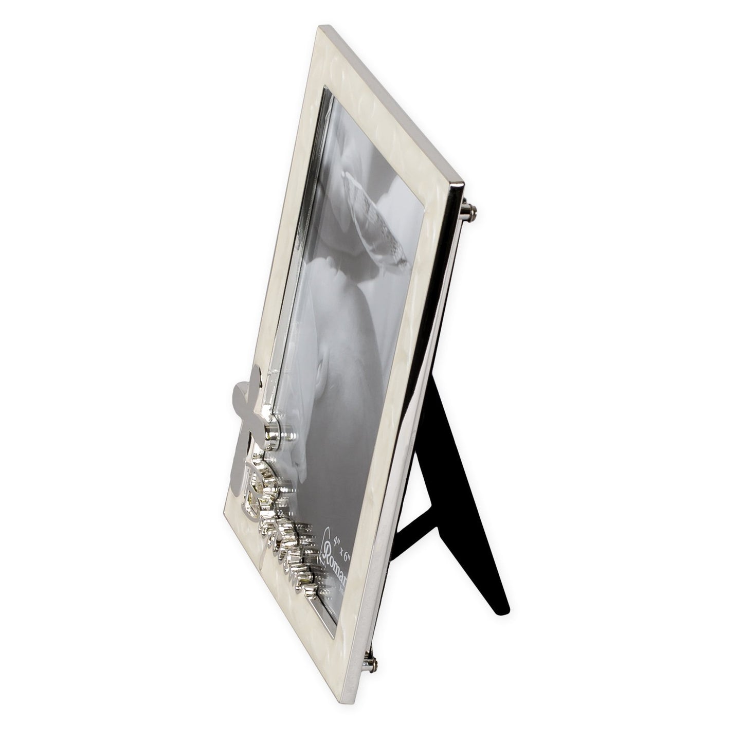 Baptism Silver Finish Cross 4 x 6 Photo Pearl Trim Picture Frame