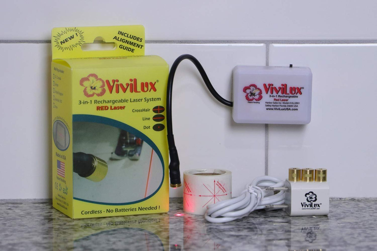ViviLux 3-in-1 Rechargeable RED Laser System with Adjustable Line, Crosshairs and Dot Illumination Heads; Innovative Sewing and Quilting Notion for Precise Stitching; Mounts with MAGNET.