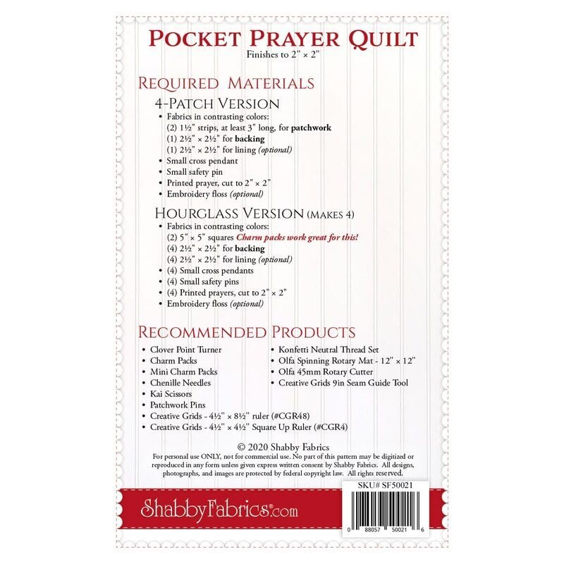 Shabby Fabrics Pocket Prayer Quilt - Pattern ONLY