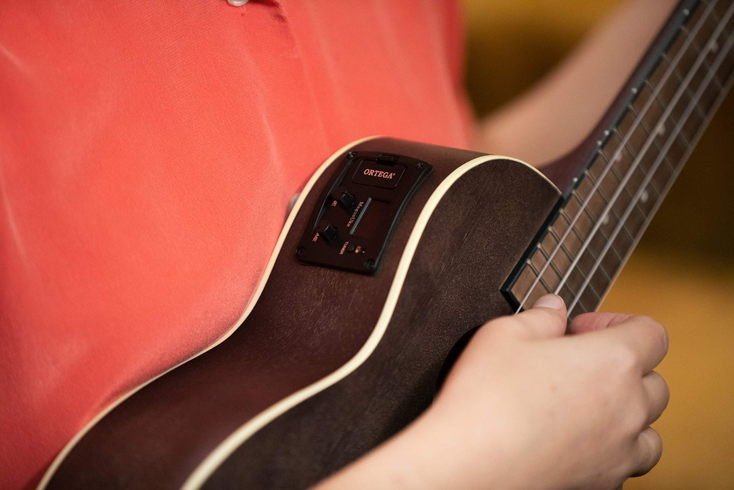 Ortega Guitars, 4-String Earth Series Concert Acoustic/Electric Ukulele, Right, Transparent Black, (RUCOAL-CE)