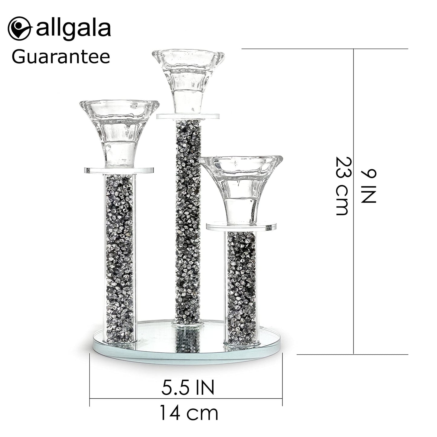 Allgala 9 Inch Tall 3-Pillar Filled with Diamond Like Stone Filled Crystal Candlesticks with Mirror Base