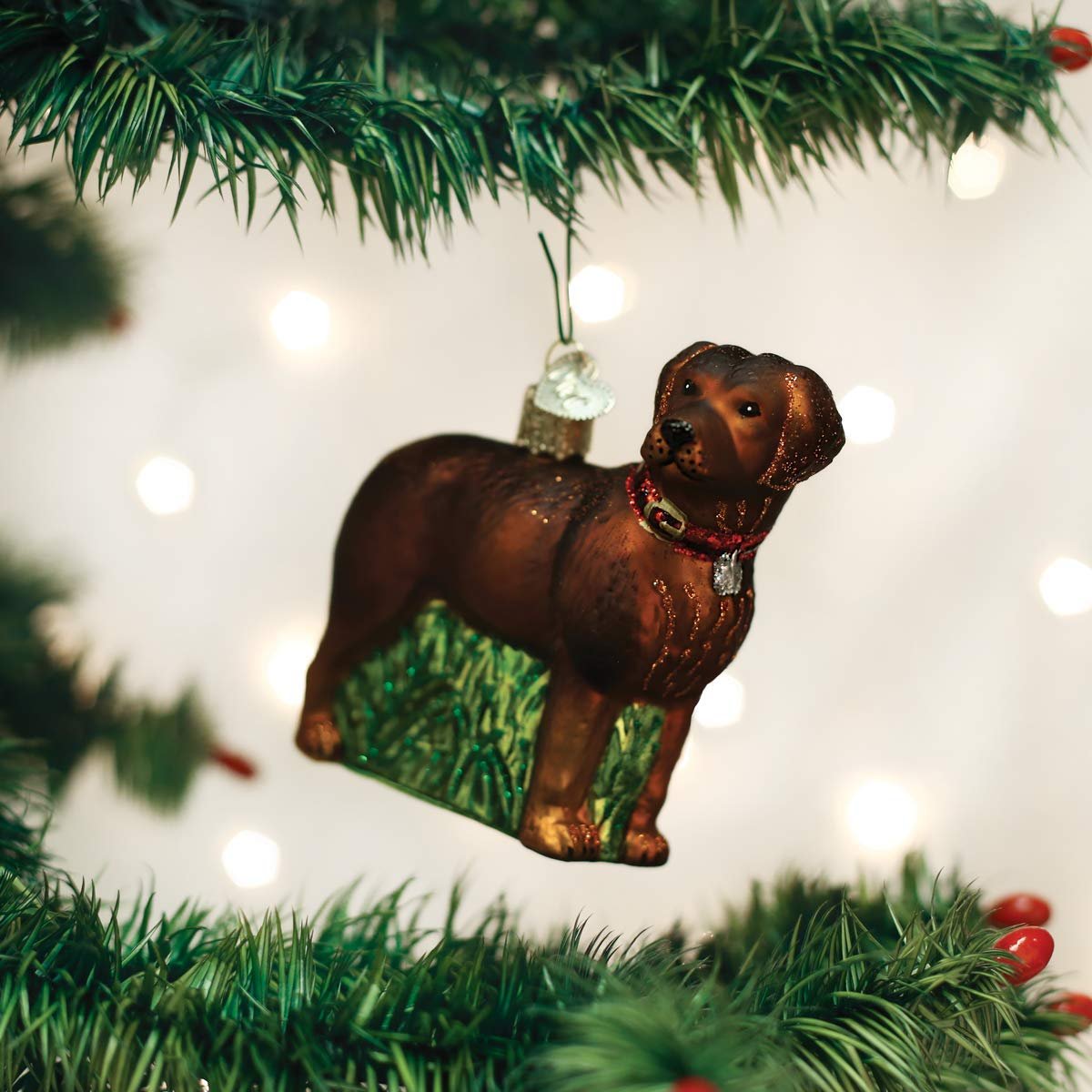 Old World Christmas 12508 Dog Collection Glass Blown Ornaments for Christmas Tree Standing Chocolate Lab