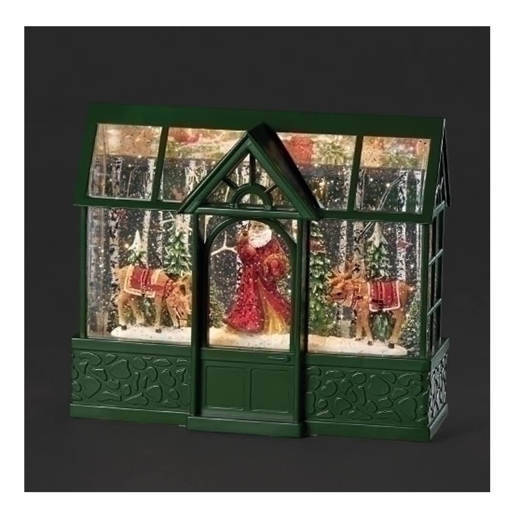 Roman Lighted Swirl Greenhouse Santa and Reindeer Snow Globe, 8-inch Height, Christmas Decoration