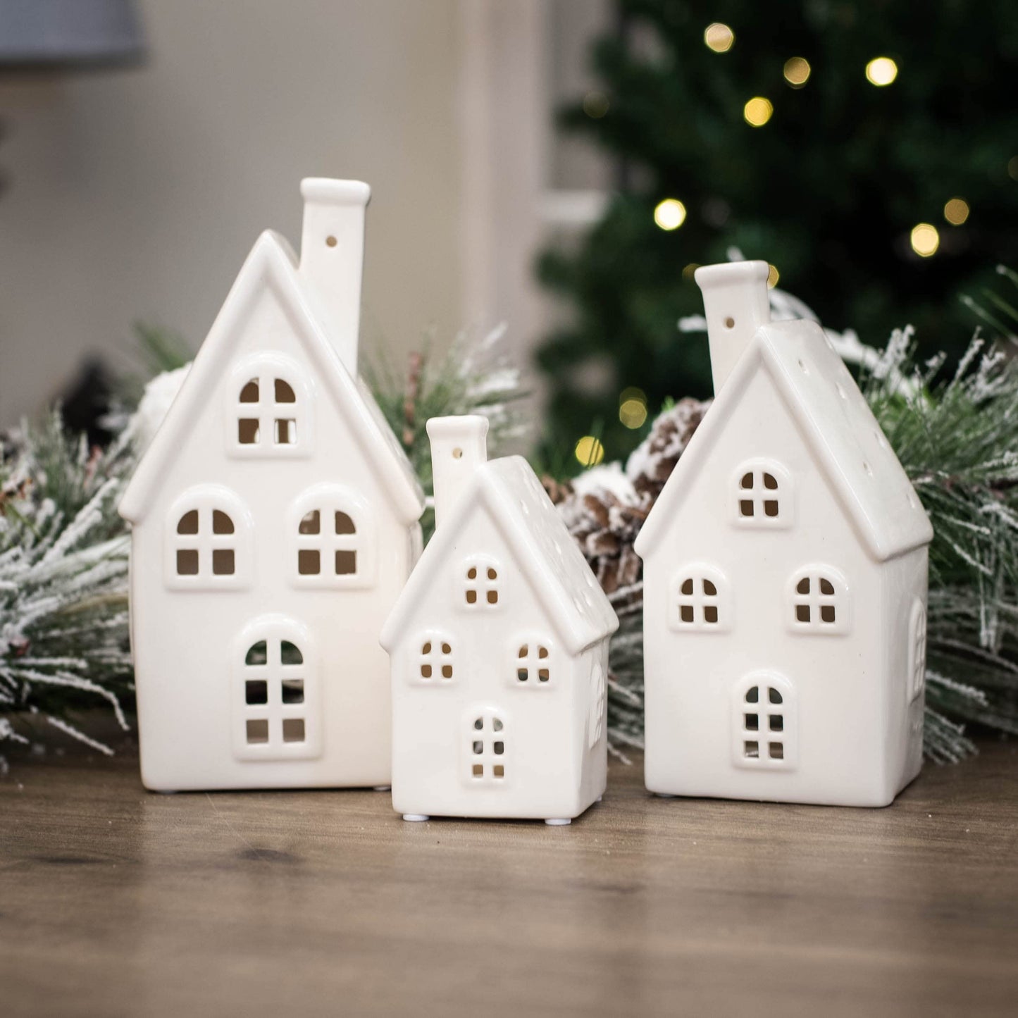 RAZ Imports 2022 Cozy Christmas 8.25" White Ceramic House, Set of 3
