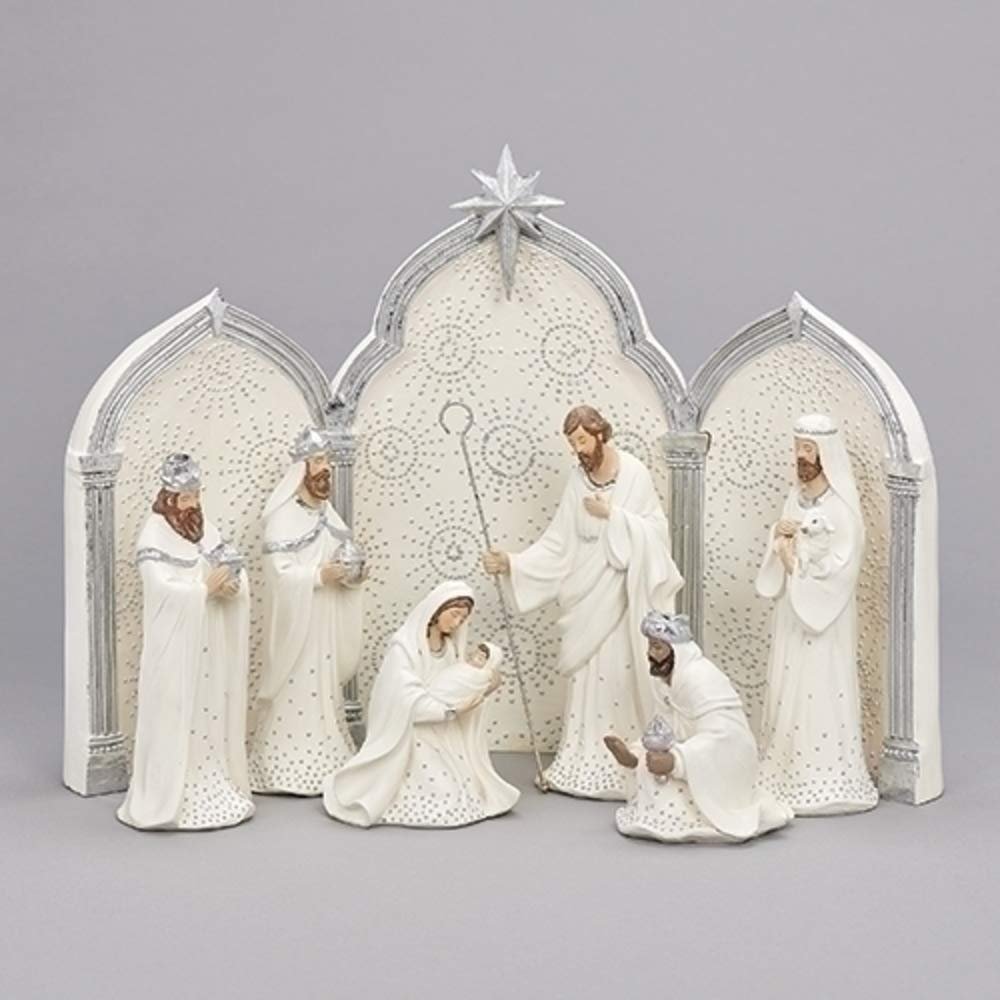 Roman 133013 Nativity Silver Dot White with Triptych Backdrop,11.25 inch
