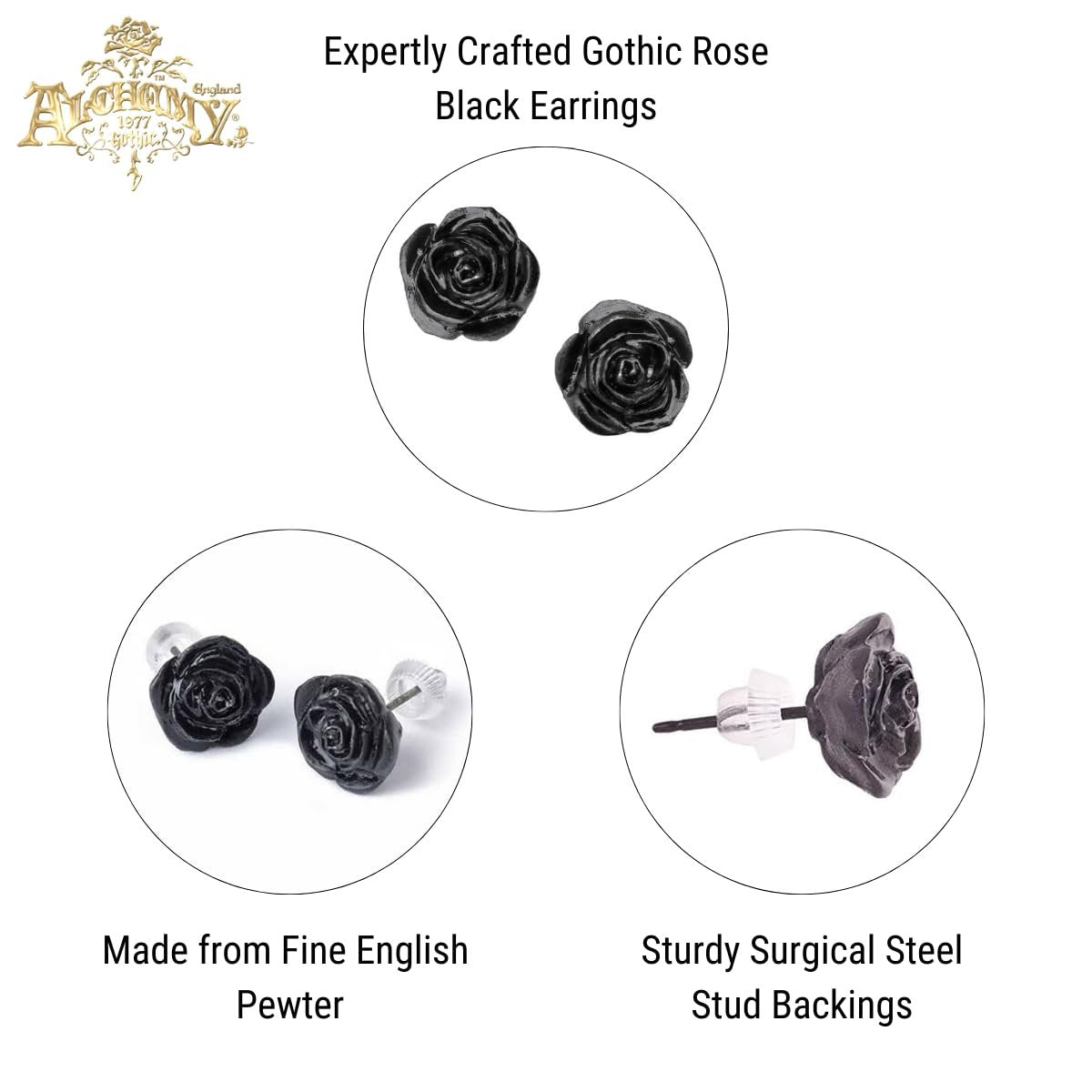Alchemy Romance Rose Stud Earrings England Black Pretty Dark Gothic Alternative