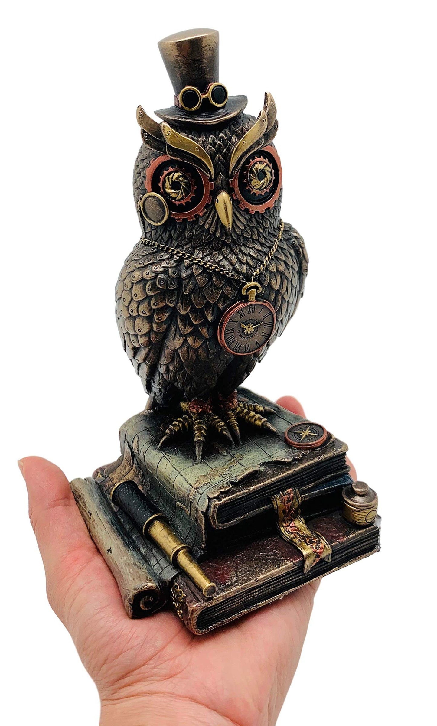 Veronese Design 8 1/8" Tall Steampunk Top Hat Owl Standing on Book Stacks