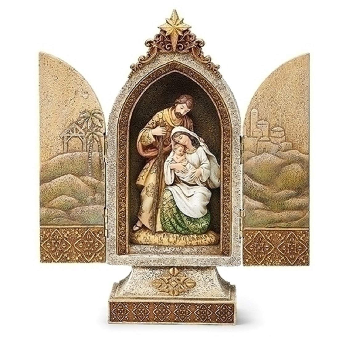 Roman 633314 Holy Family Triptych Gold Accents Scenes on Doors, 12-inch High