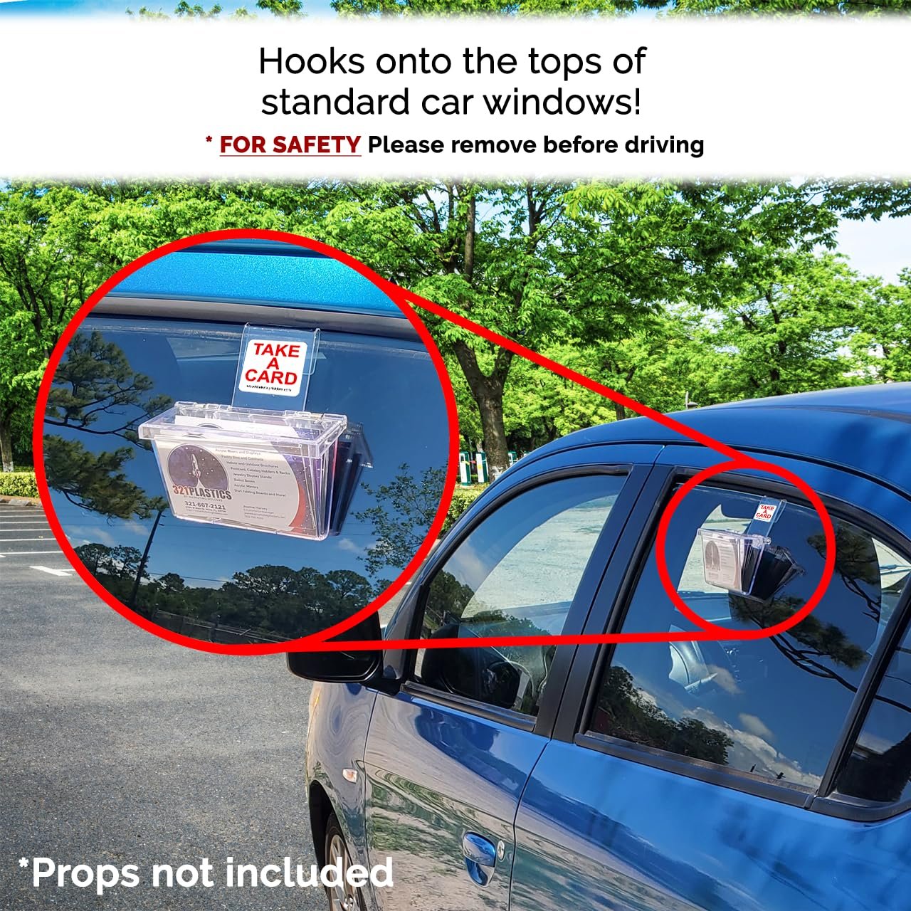 2 Pack Vehicle Business Card Holder with Lid and Window Hook Holds 3.5" x 2" Cards or Other Small Printed Materials with Take a Card Sticker On the Go Advertising for Contractors by Marketing Holders