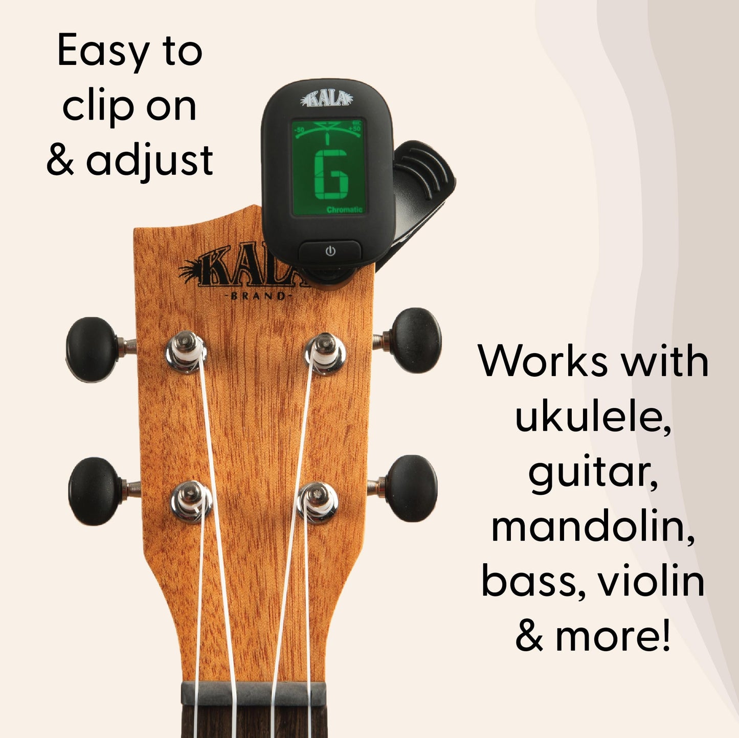 Kala Klipz USB-C Rechargeable Professional Clip On Tuner for Ukulele, Guitar, Bass, Violin, Mandolin, All String Instruments with Multi-Key Chromatic Tuning Modes and Vibration Sensor - Black