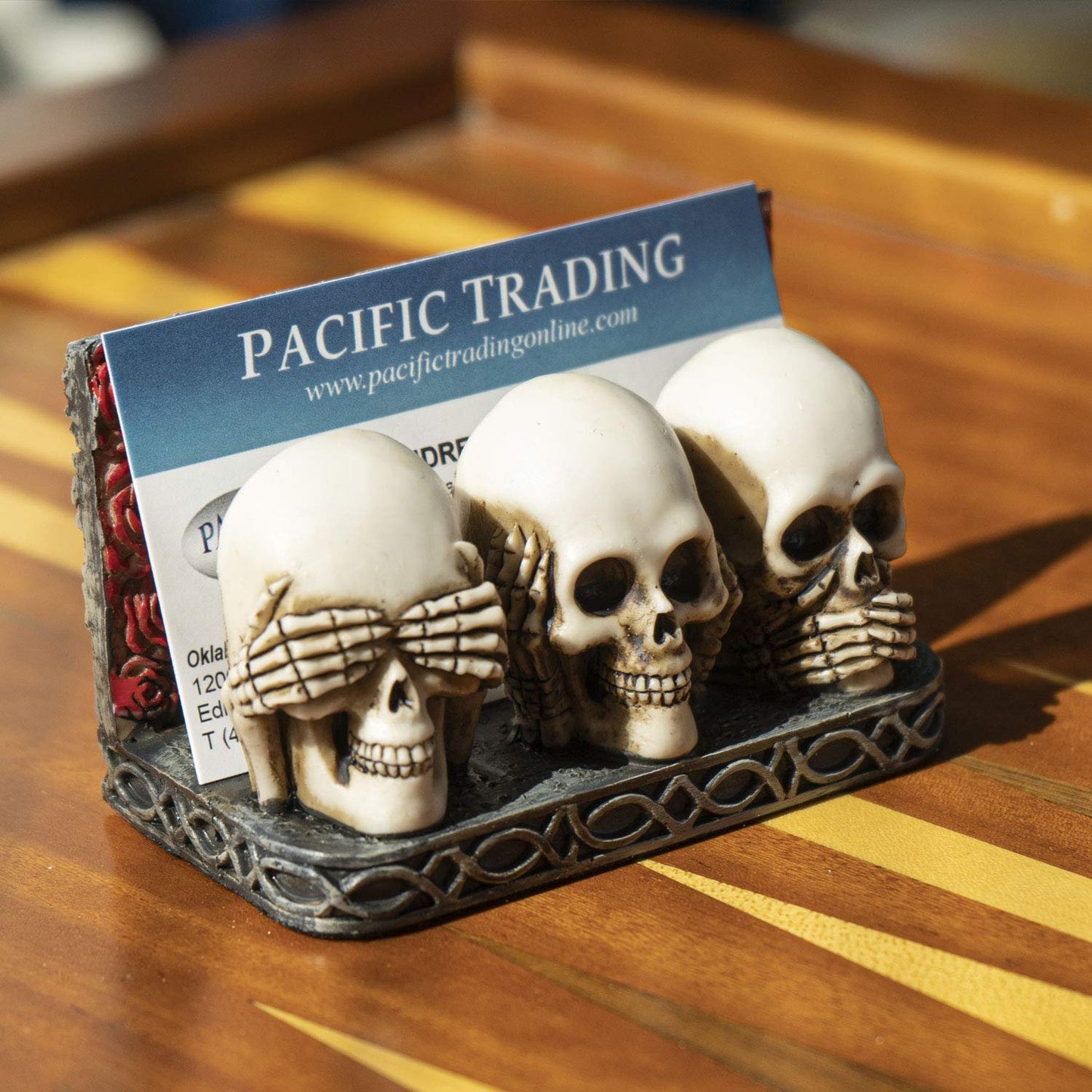 Pacific Trading Company Skull Business Card Holder for Desk, Hand Painted See Hear Speak No Evil Gothic Desktop Name Cards Display Organizer, 3 3/4 inchL x 2 1/8 inchH