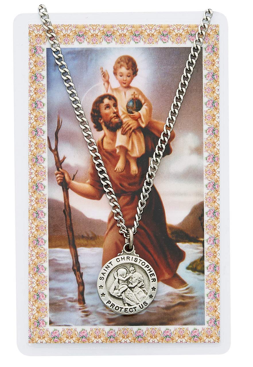 Pewter Pendant with Prayer Card St. Christopher Round